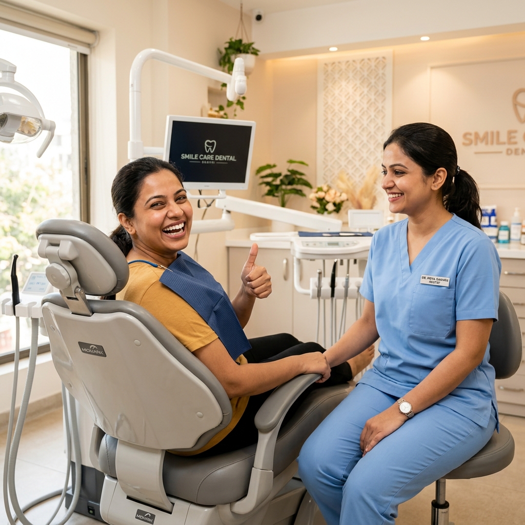 Happy patient after painless dental treatment